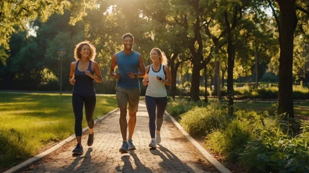 三人在林荫步道上慢跑，用来说明健康生活场景
